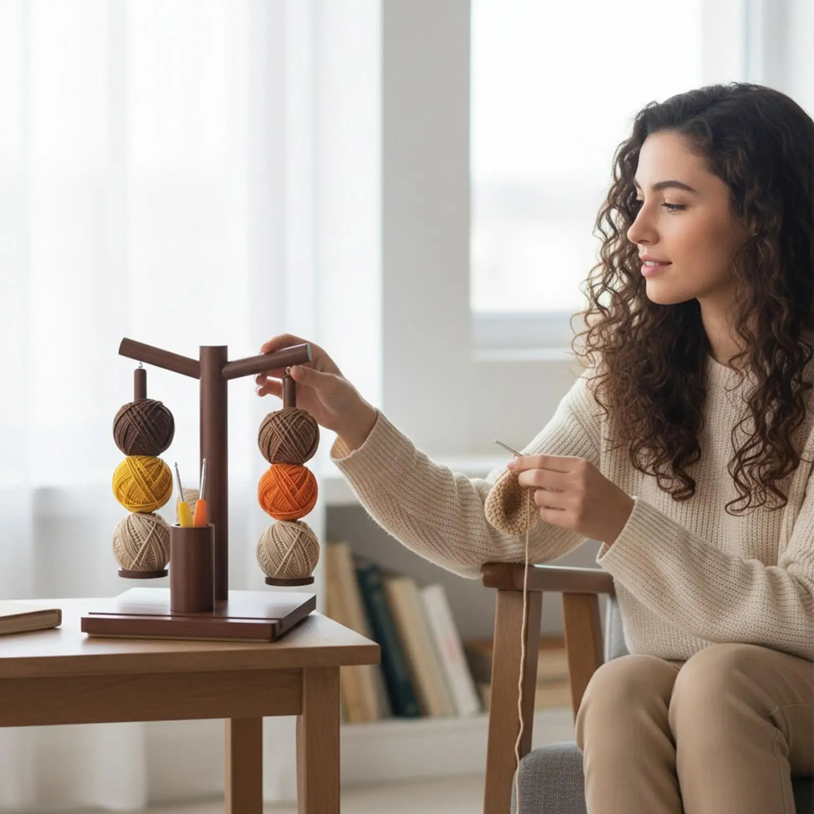 

Crochet Yarn Holder Magnetic Rotating Spinner Wooden Yarn Ball Holder With Phone Stand And 2 Spindles For Knitter Crocheter