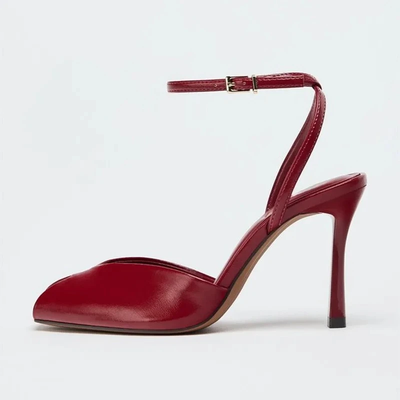 Red Pointed Toe Soft Leather High Heel Sandals Women Sexy Open Toe Ankle Buckle Thin Heel Dress Shoe