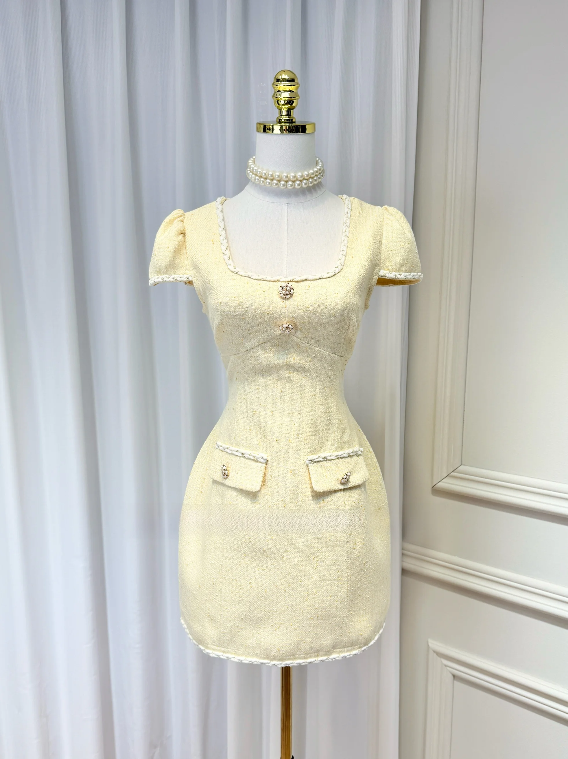 

Ele Высокая талия ort Sve Dr Женская модная дизайнерская одежда с квадратным воротником Желтый Dr с эффектом похудения Весенне-осенняя одежда