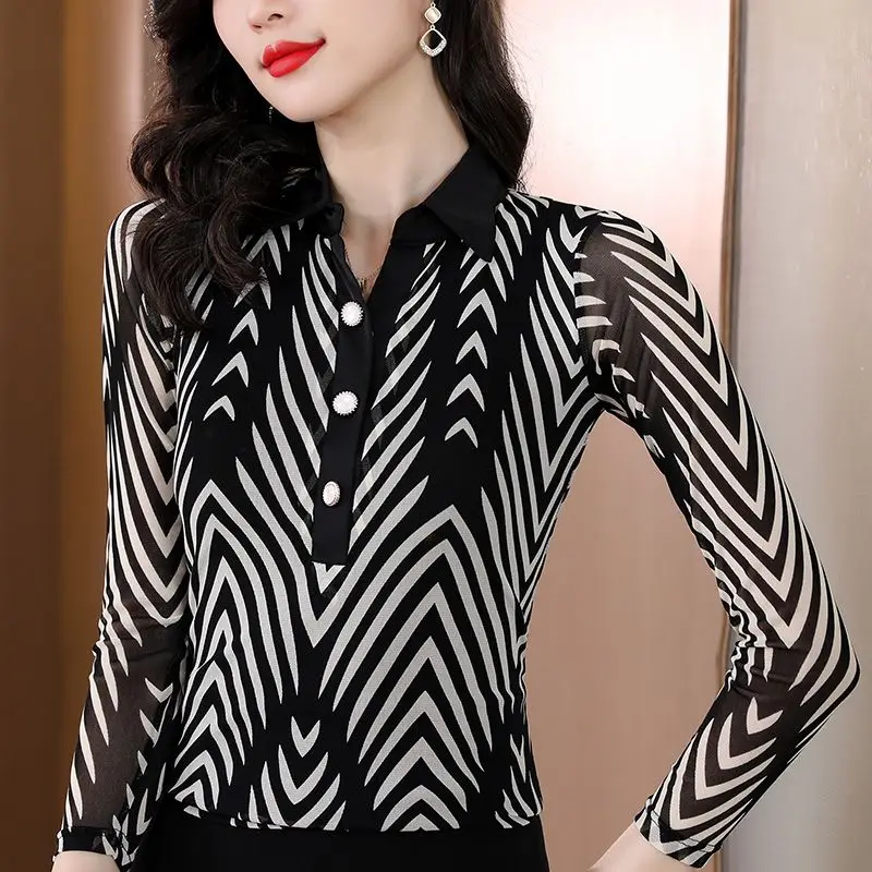 Women Korean Striped Print Lapel Slim Elegant Blouses Office Lady Business Casual Shirts Long Sleeve Tops Blusa Mujer Moda 2023