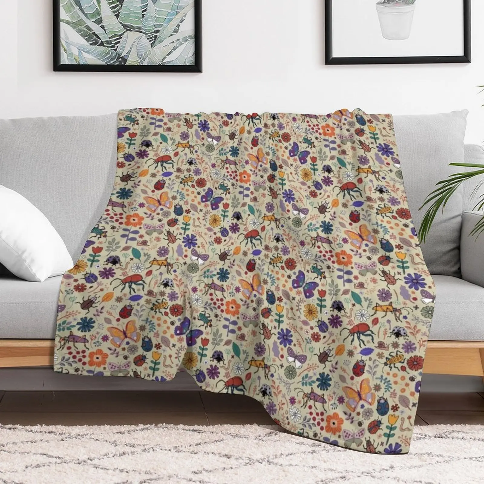 Butterflies, Beetles and blooms - taupe - pretty floral pattern by Cecca Designs Throw Blanket Beautifuls For Sofa Thin Blankets