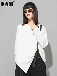 [EAM] Women White Black Ribbon Big Size Irregular T-shirt New Round Neck Long Sleeve Fashion Tide Spring Autumn 2024 1DE6620