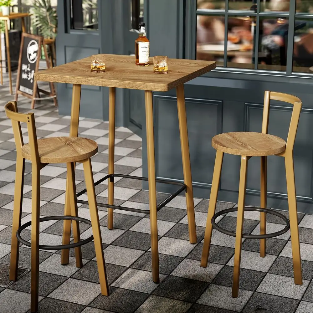 Bar Table and Chair Set, 39.4 H Square Bistro Pub Table with 2 Chairs, Bar Height Table with Footrest, Small Cocktail Tables fo
