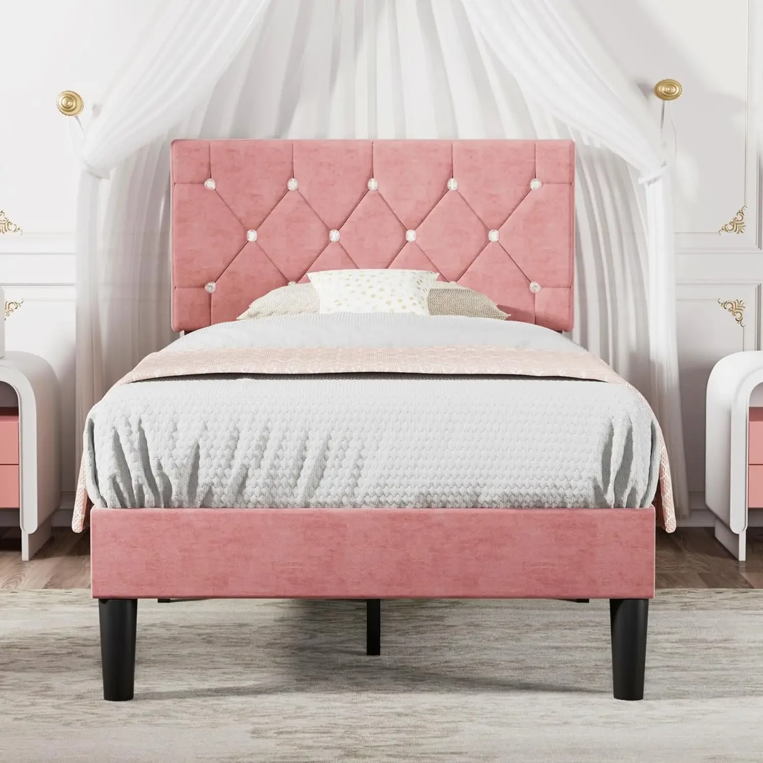 Twin Size Bed Frame, Upholstered Platform with Adjustable Diamond Tufted Headboard, Wood Slat Support, No Box Spring Need