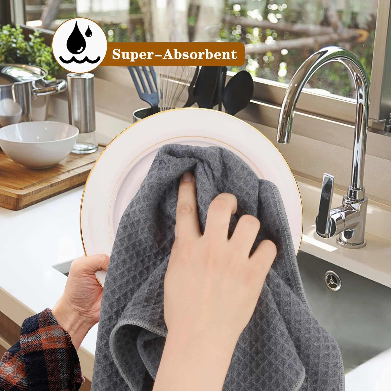 Household Microfiber Kitchen Dish Towel Hand Towel Kitchen Cleaning Cloth Waffle Weave Cloth Quick Drying 16inX24in 3 Pack