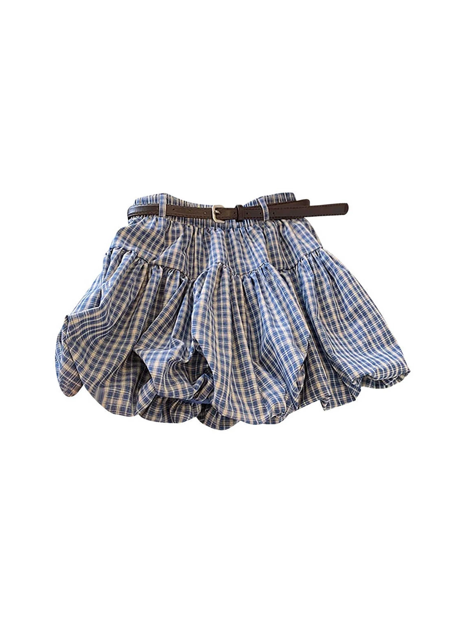 Women Light Blue Plaid A-line Bubble Skirt Vintage Y2k Mini Balloon Skirt Harajuku Puffball Skirts 2000s Fashion Clothes Summer