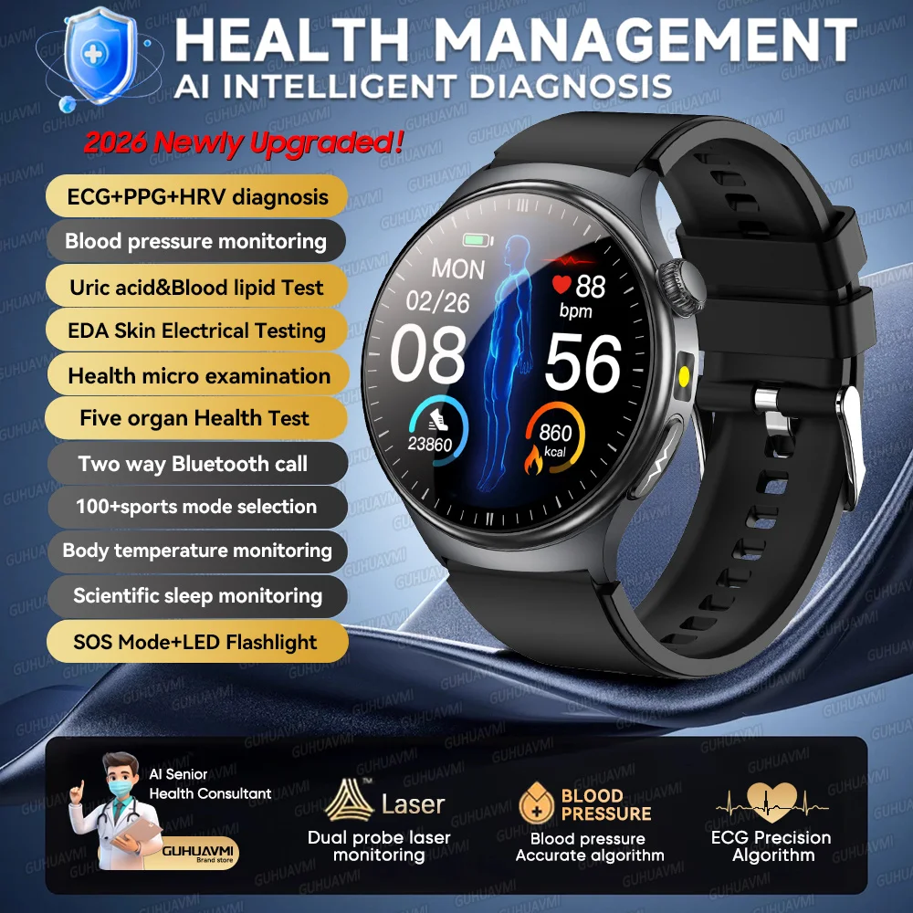 2026 Nieuwe Micro Fysieke Onderzoek Gezondheid Smartwatch Heren ECG Urinezuur Lipiden Bloeddruk BT Oproep Smartwatch Voor Android IOS