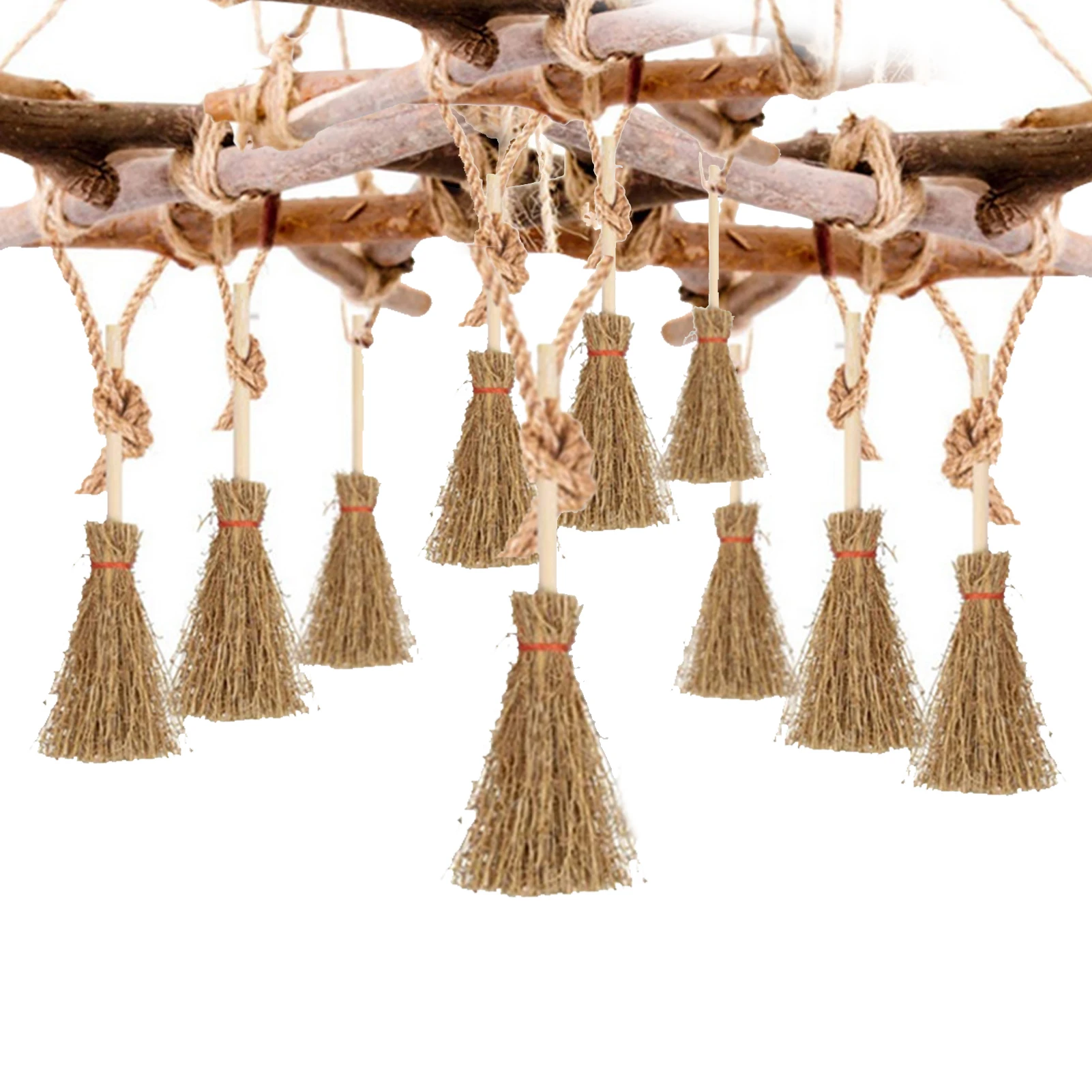 10pcs Broom Halloween Ornament Mini Halloween Straw Craft Decoration Witches Broom For Halloween Party Decorative Accessory