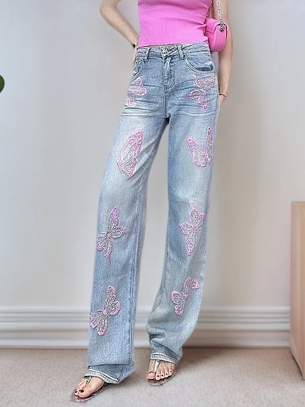 

Spring 2026 Casual Sle Women's Embroidered Straight Leg Denim Jeans Heavy Work Wide Leg Pants High Waist Antimicrobial Blue