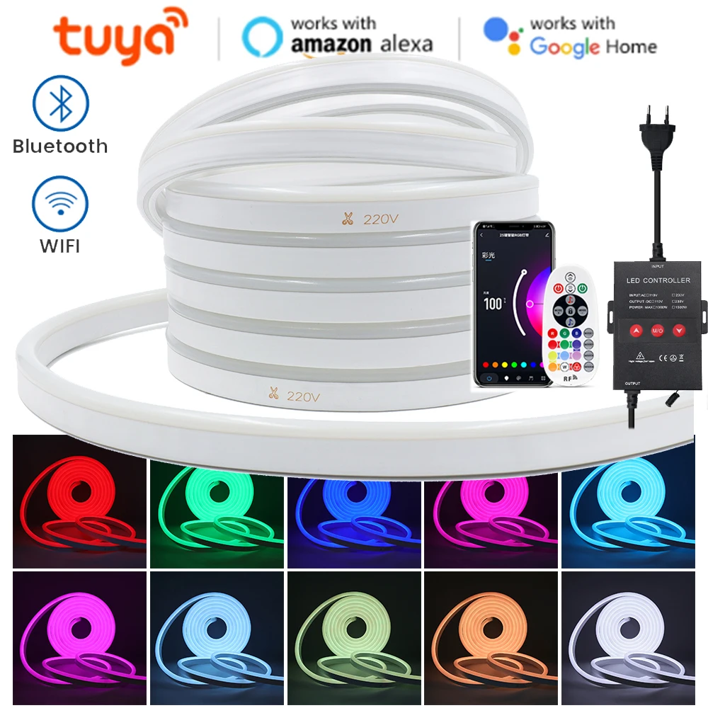 110V 220V Tuya WIFI Alexa Bluetooth RGB Neon Light Waterproof Outdoor Garden Colorful Flexible Ribbion Rope LED Strip 1M -100M