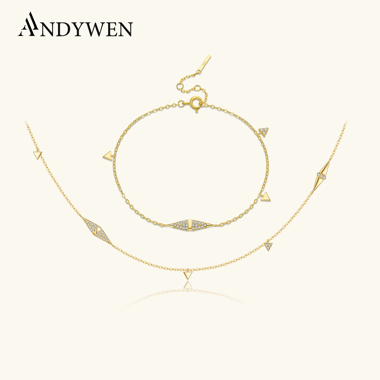 

ANDYWEN тонкая цепочка из стерлингового серебра 925 пробы с геометрическим треугольником и ромбом, циркониевое ожерелье, браслет, нежное одинаковое ювелирное изделие, подарок