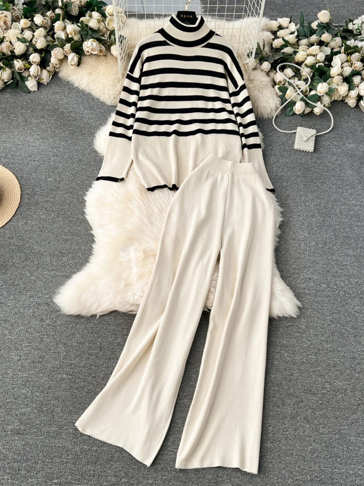 Conjunto de duas peças de moda de inverno descontraído de malha com gola alta trada calças largas combinando estilo retrô ...