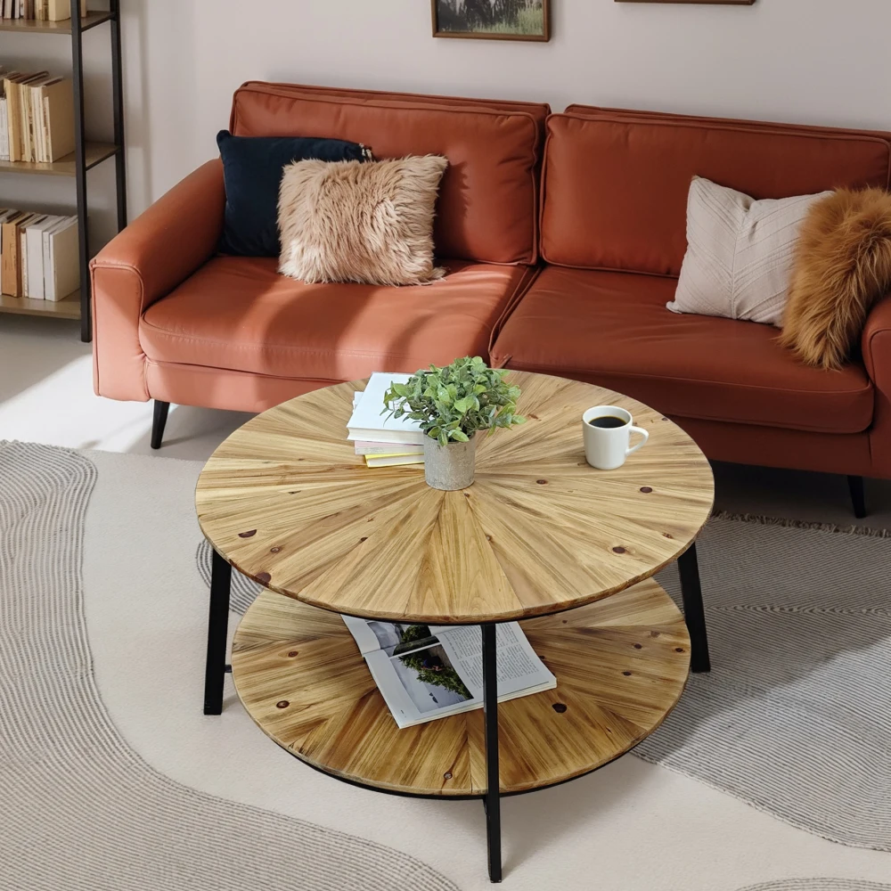 31.5Inch Round Coffee Table,Standing Wooden Double Layer Coffee TablewithOpen Storage Space for Living Room Bedroom Coffee Table