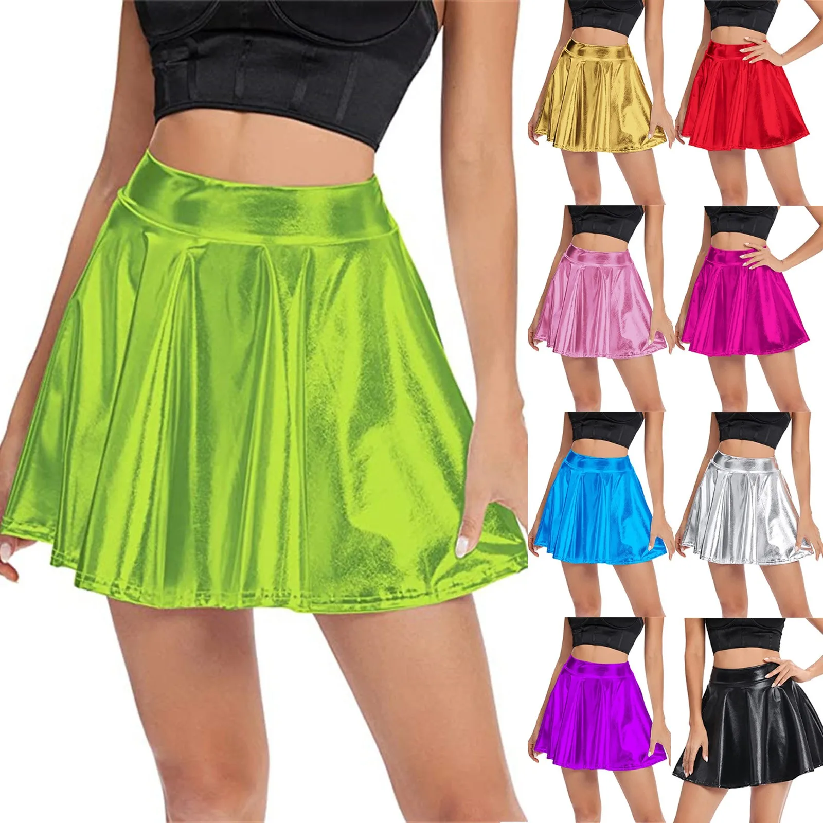 Women Sexy Metallic Mini Pleated Skirt Laser PU Leather Shiny Umbrella Skirt Club Party Hip Hop Jazz Dance Costumes Streetwear