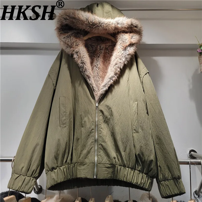 HKSH 2025 شتاء جديد المرأة عكسها معطف دافئ مقنعين فو الفراء سستة جيوب الأمريكية الرجعية أنيق Ins سترة سميكة HK15788