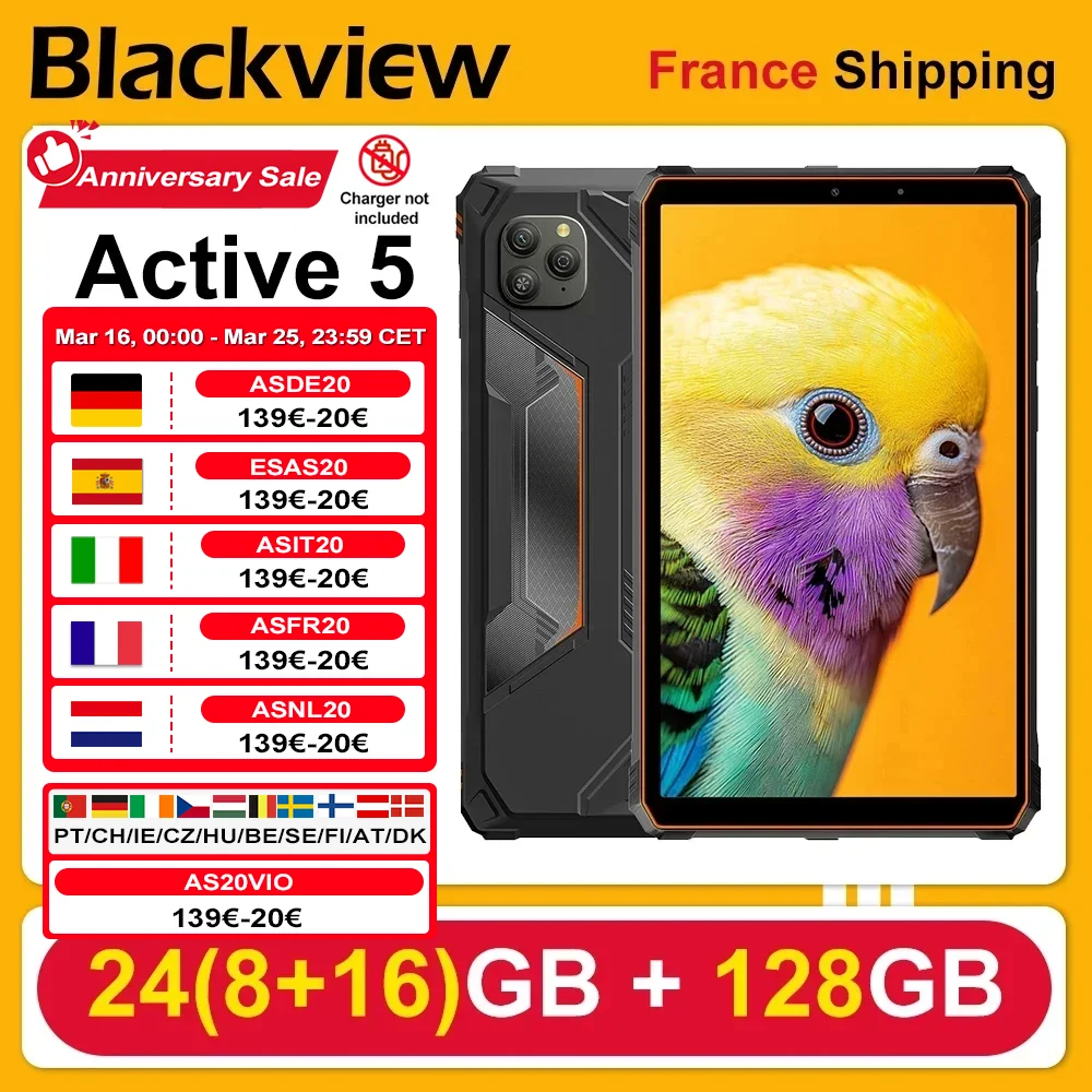 Blackview Active 5 tablette robuste [sans chargeur ue] 24(8 +16)GB + 128GB 8.68 ''Android 15 IPS 6600mAh Doke AI 16MP NFC empreinte digitale