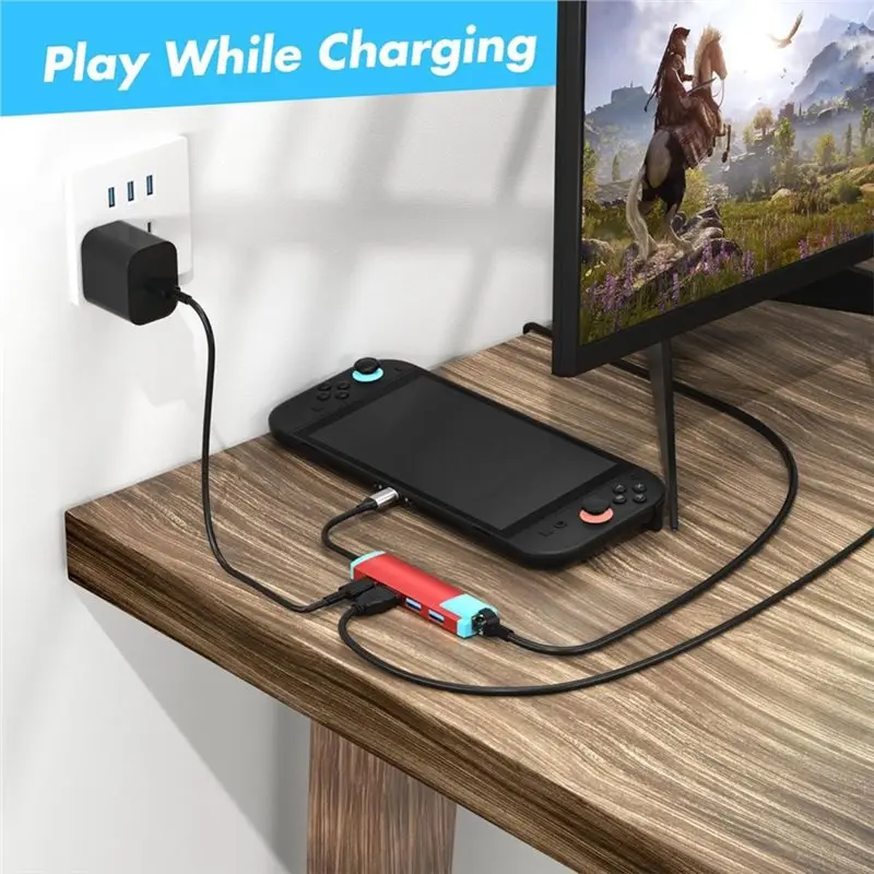 AT82-For Switch 2, USB C Docking Station 6 In 1 Adapter- HD/Type C, USB 3.0, 1000M LAN Support For 4K@ 60Hz Output Port