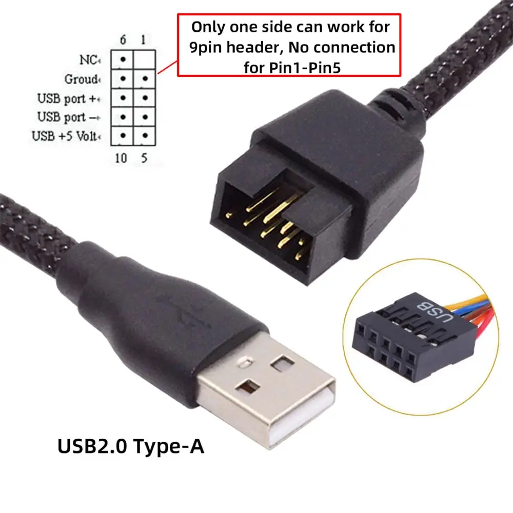 Single USB 2.0 Male Type-A to Motherboard Internal 9Pin 10Pin Male Header Cable Extension Cord with Sleeve 20cm, Stretch-Proof