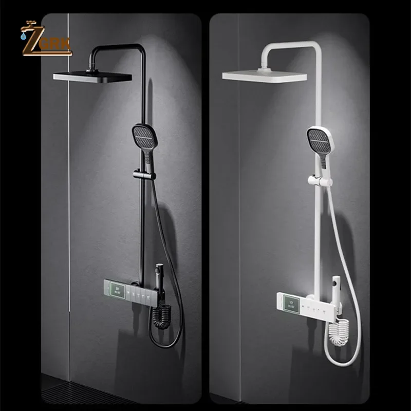 Imagem -06 - Conjunto de Chuveiro Termostático para Banheiro Funções Chuveiro Piano Pistola de Cachoeira Display Digital Cinza Creme e Sistema de Chuveiro Branco