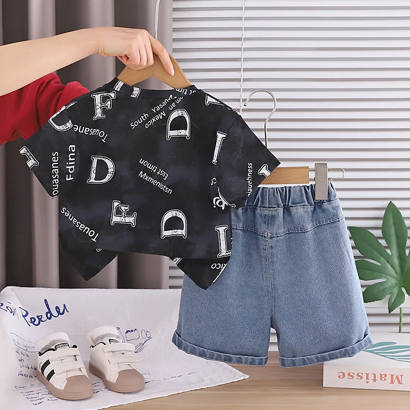 2026 New Boys Summer Outfit Kids Short Sleeve Letter Print T-shirt and Denim Shorts 2 Piece Set Children Fashion Toddler Clothes