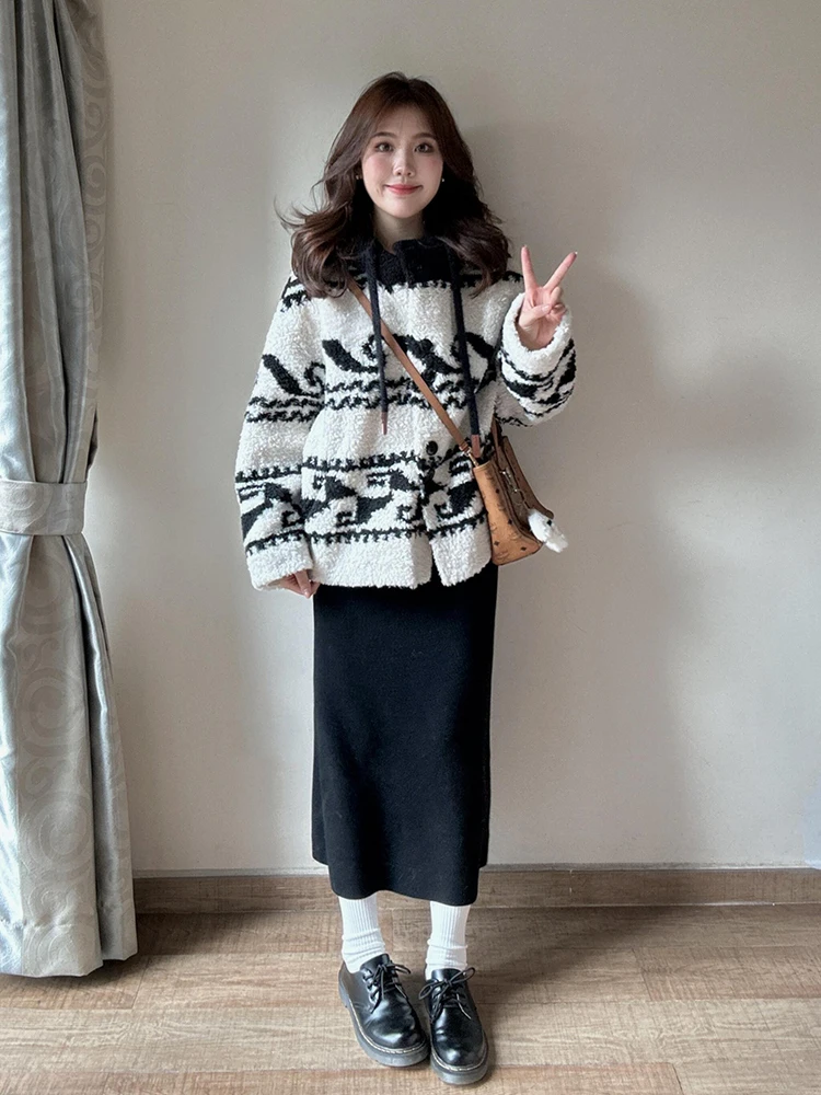 

plus Size Autumn Winter Fashion Set with Lamb Fur Hooded Jacket And Mid-Length Black Skirt for Women Luxury Style Casual Wear