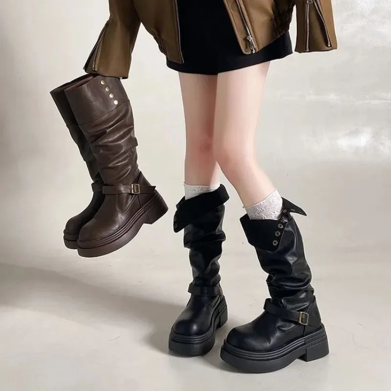 Y2K Cowgirl Style Women Slouch Knee High Boots Round Toe Faux Leather Foldable Cuff Buckle Rivet Thick Platform Boots