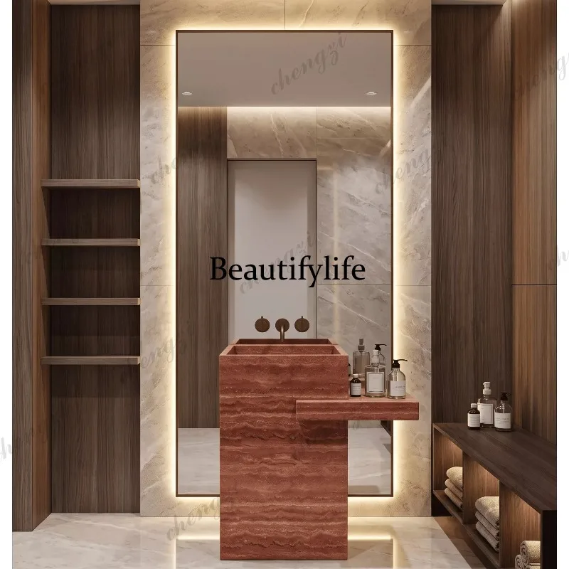 Hotel medieval style red travertine floor integrated column basin rock slab wash basin outdoor washbasin vertical washing table
