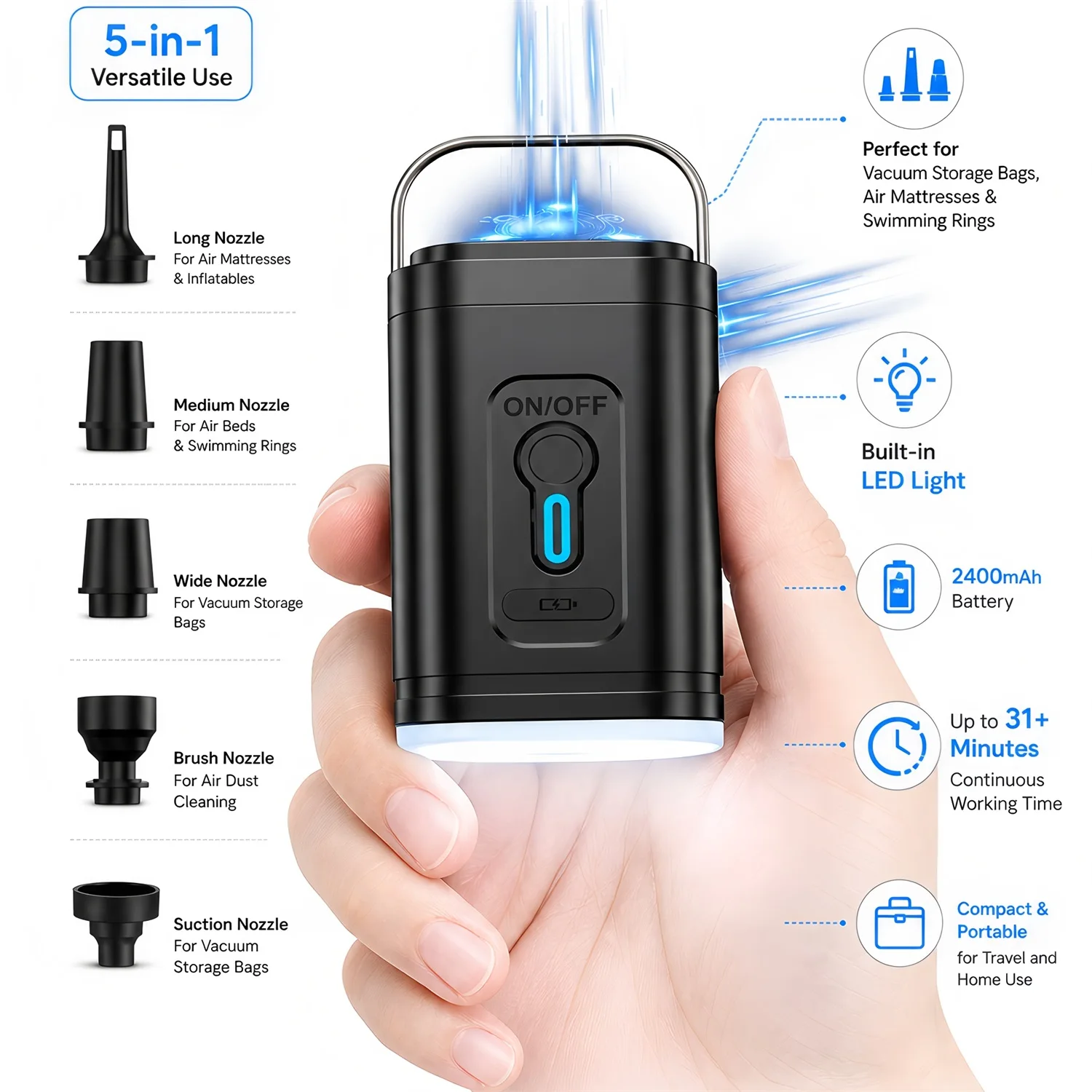 Portable Electric Air Pump Inflate Deflate LED Lighting Multifunctional Inflator Tool for Outdoor Camping Air Mattress Air Bed view 6