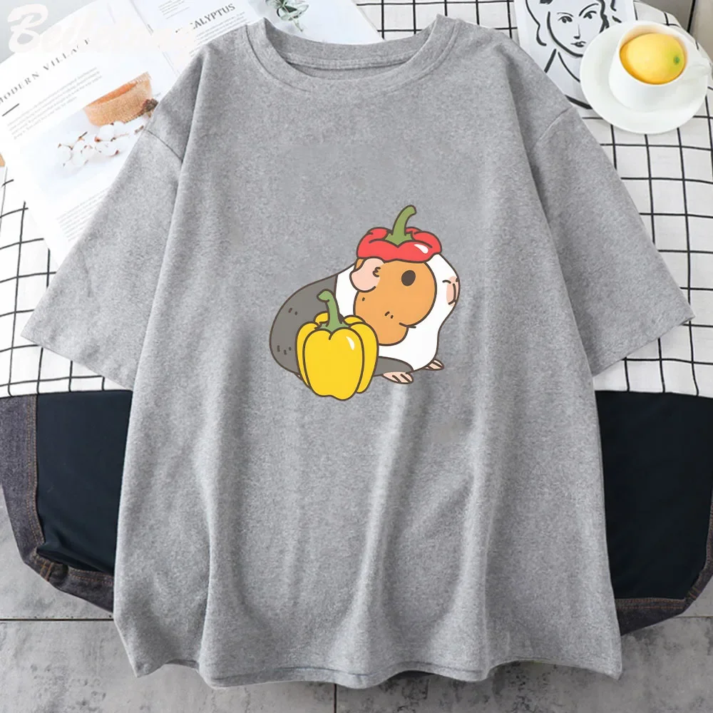 Camiseta clásica con estampado de tomates y conejillos de indias, campana, pimienta, cereza, estampado Kawaii de dibujos animados Harajuku, ropa de verano con personalidad para mujer