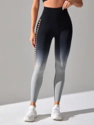 Women's High-Waisted Yoga Pants With Gradual Color Fade, Stretch Fabric, Breathable And Comfortable, Side Hollow Design