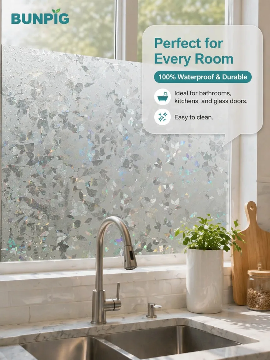 Frosted Privacy Window Film No Glue Translucent Static Cling UV Protection Through Removable for Bathroom Home Office Glass