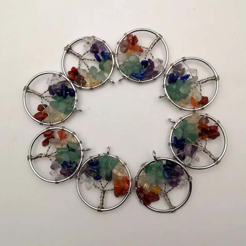 10pcs Wire Wrapped Chakra Reiki Healing Crystal Beads Tree of Life Pendant Wholesale Charms Pendants for Necklace Jewelry Making