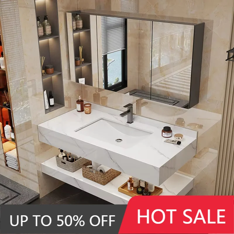 42 60 Inch Wall Mount Oak Bathroom Mirror Cabinet Set with Countertop Sink Hole Cute Bear Light Included Vanity