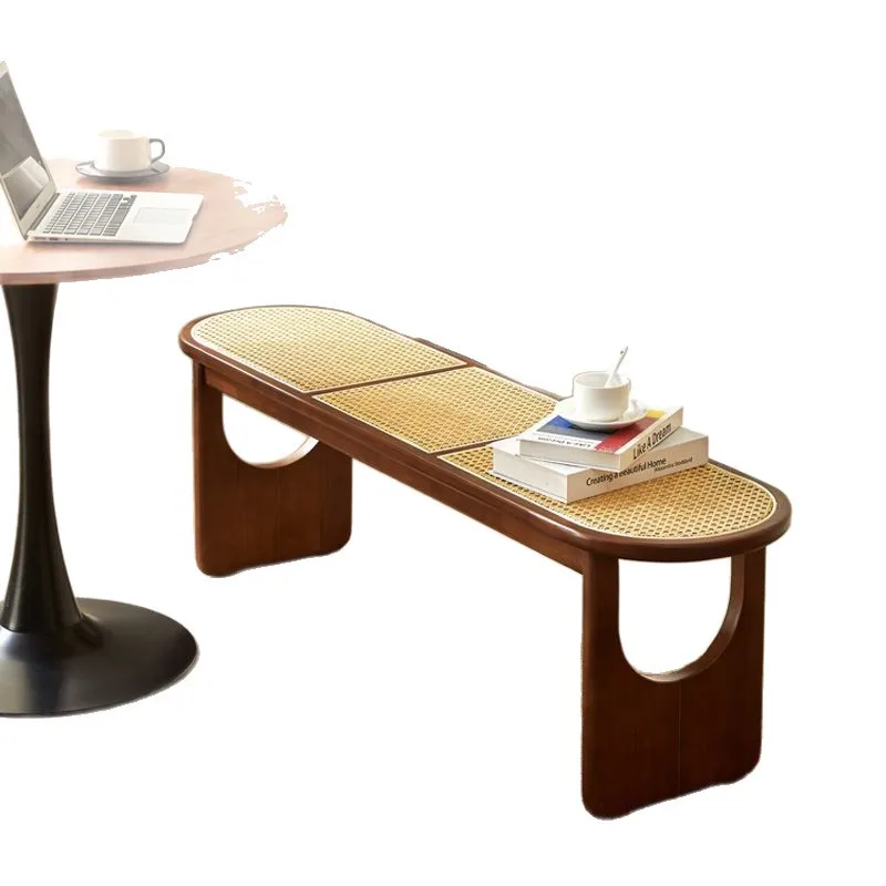 

Nordic solid wood rattan shoe changing bench bench Japanese log style dining table and chairs home door retro bedside stool