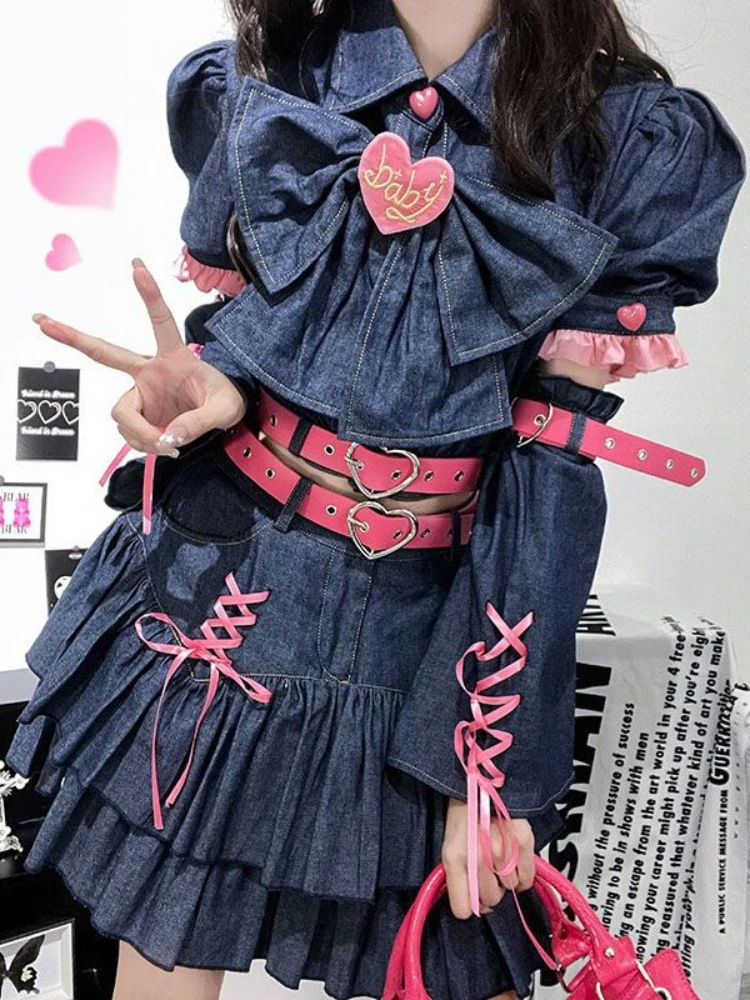 2024 New Japanese Kawaii Gothic Y2k Skirt Suit Women Dark Academia Lolita Two-piece Set Female Korean Crop Top+Party Mini Skirts
