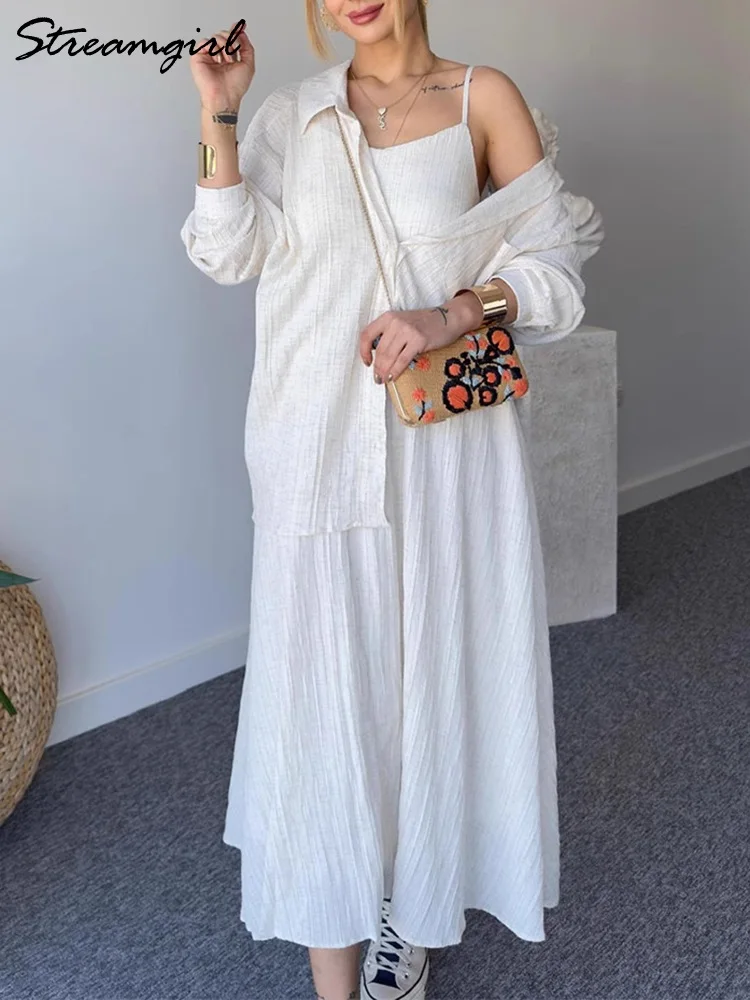 

Streamgirl, комплекты белых платьев на бретелях, женские комплекты из 2 предметов, летние свободные рубашки, женские повседневные длинные женские платья, комплект с рубашкой