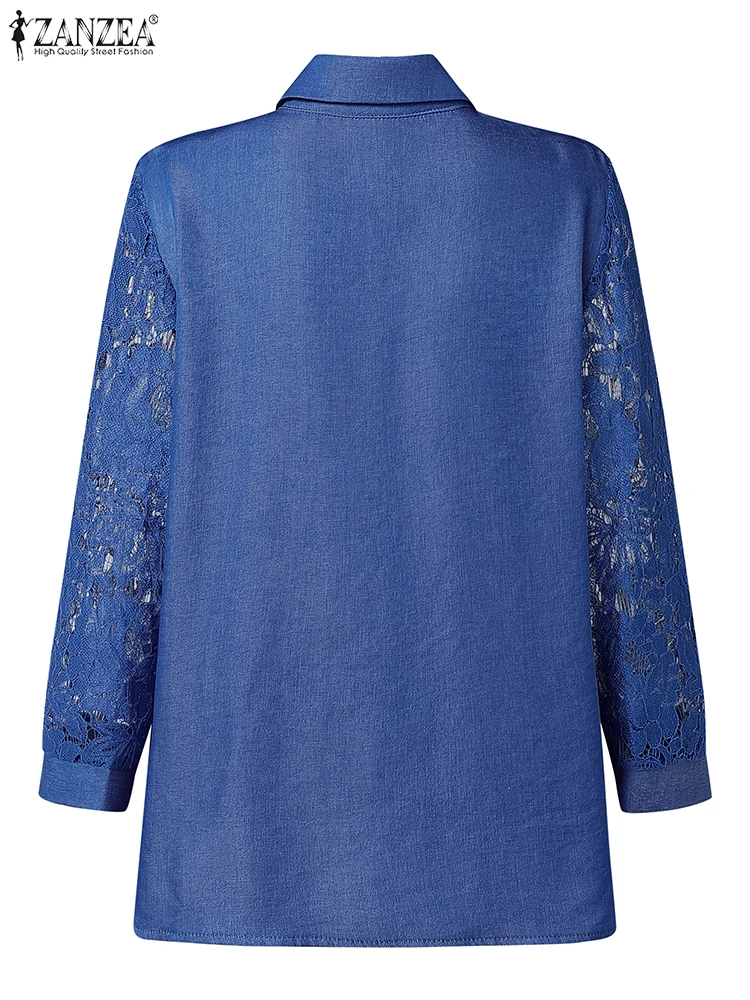 잔제아 우아한 여성 OL 셔츠 패션 오피스 레이디 블라우스 2025 가을 레이스 패치워크 속이 비치는 캐주얼 탑 버튼 블루사 여성용