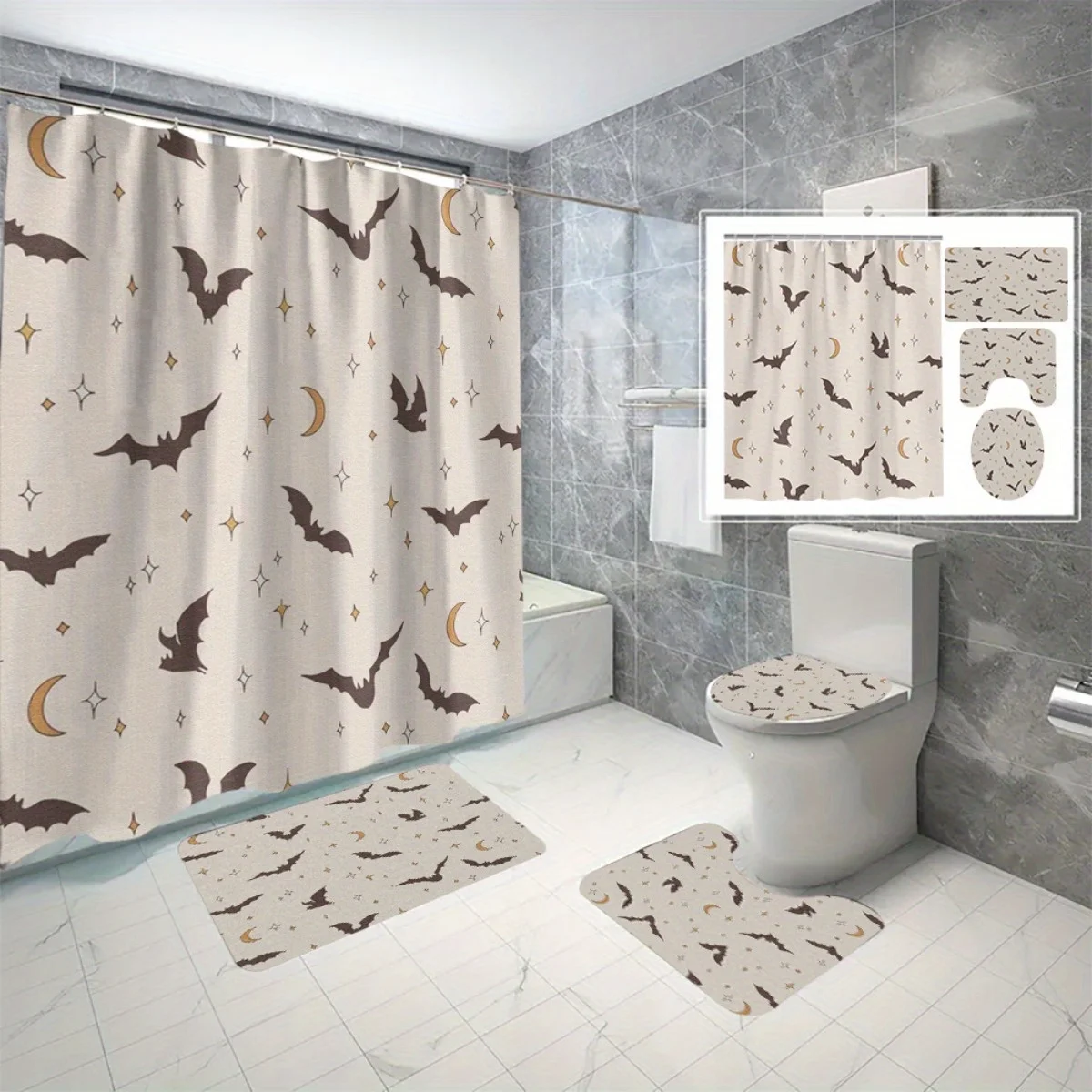 

4 шт., набор для ванной комнаты в стиле ретро с летучей мышью и луной, нескользящий коврик, U-образный коврик, коврик для сиденья унитаза, занавеска для душа