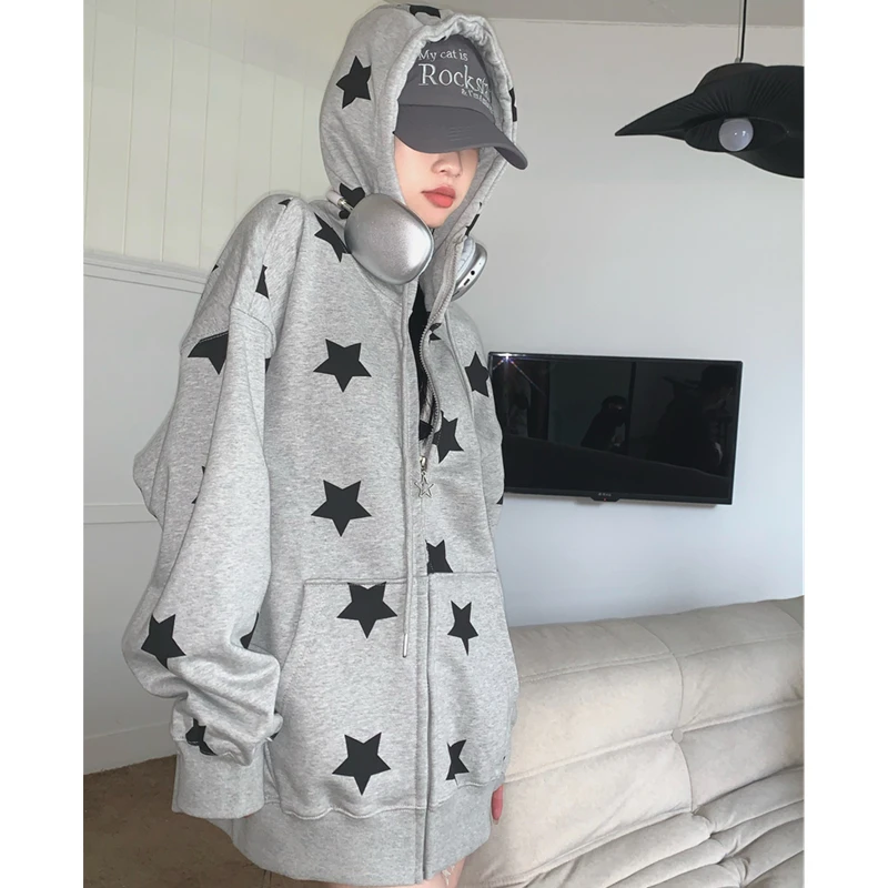 

Grey Hooded Sweatshirt Women Stars Printing Fashion Hip Hop Oversized Leisure Winter New Long Sleeves Loose Zipper Cardigan Coat