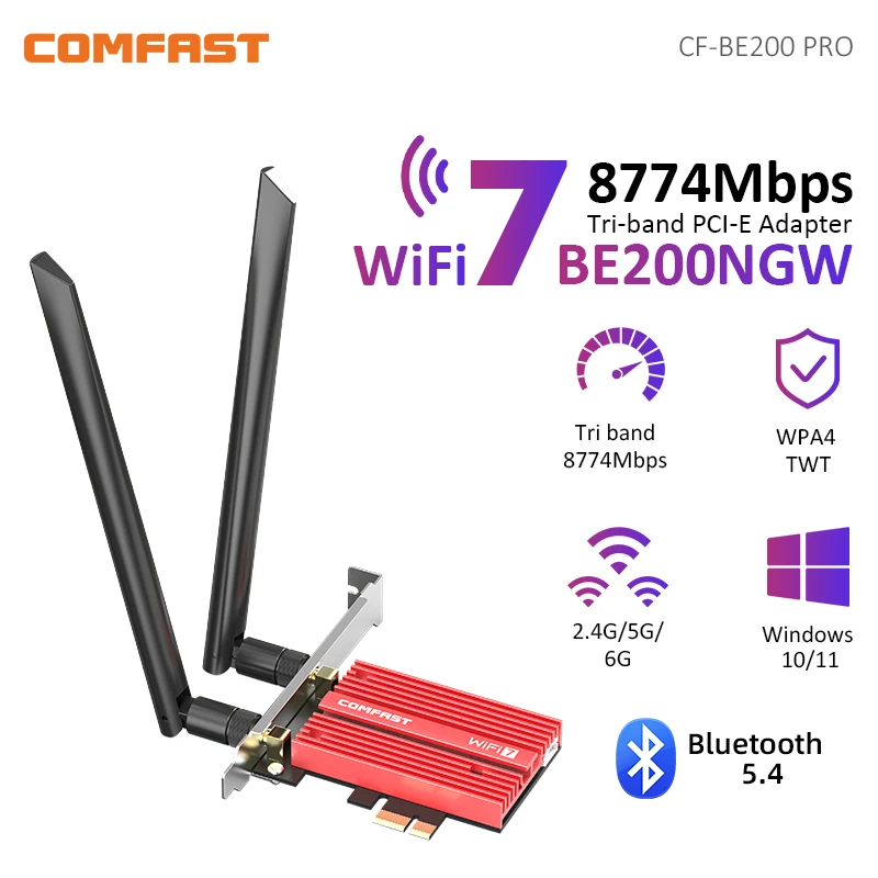 

WiFi 7 Intel BE200 PCI-E Network Card Bluetooth 5.4 Tri Band 2.4G&5G&6GHz 8774Mbps BE200NGW Chip 802.11be Wireless PCIe Adapter