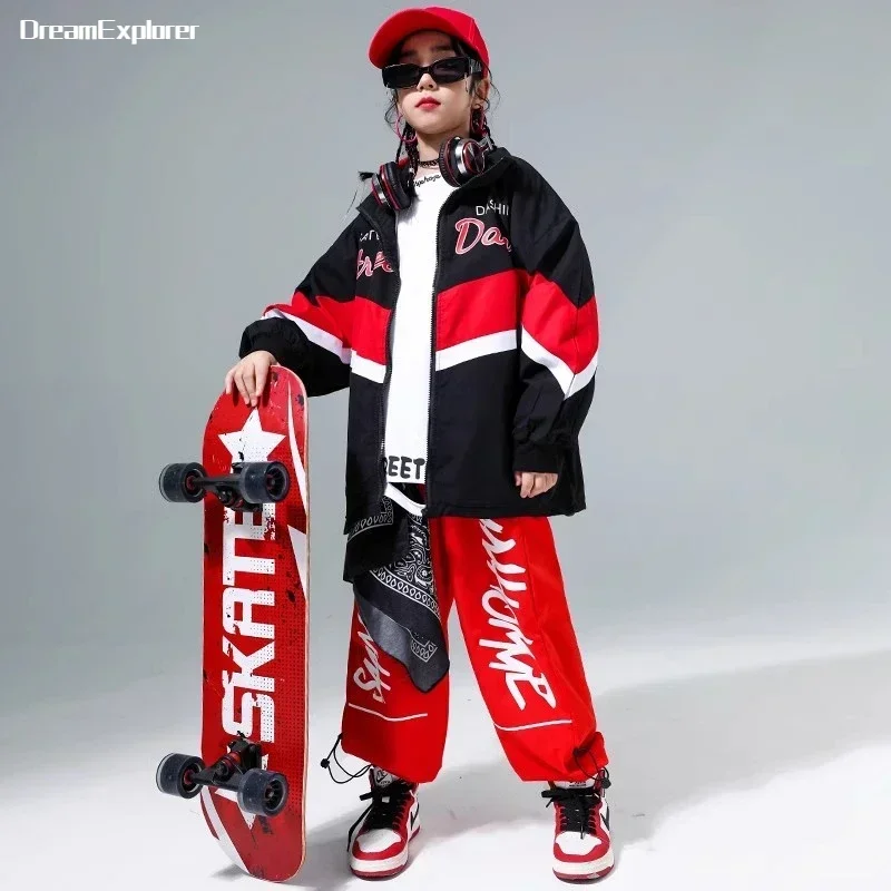 Kids Hip Hop Contrast Coat Joggers Pants Boys Street Dance Jacket Outfits Girls Streetwear Sport Uniform Child Jazz Clothes Sets