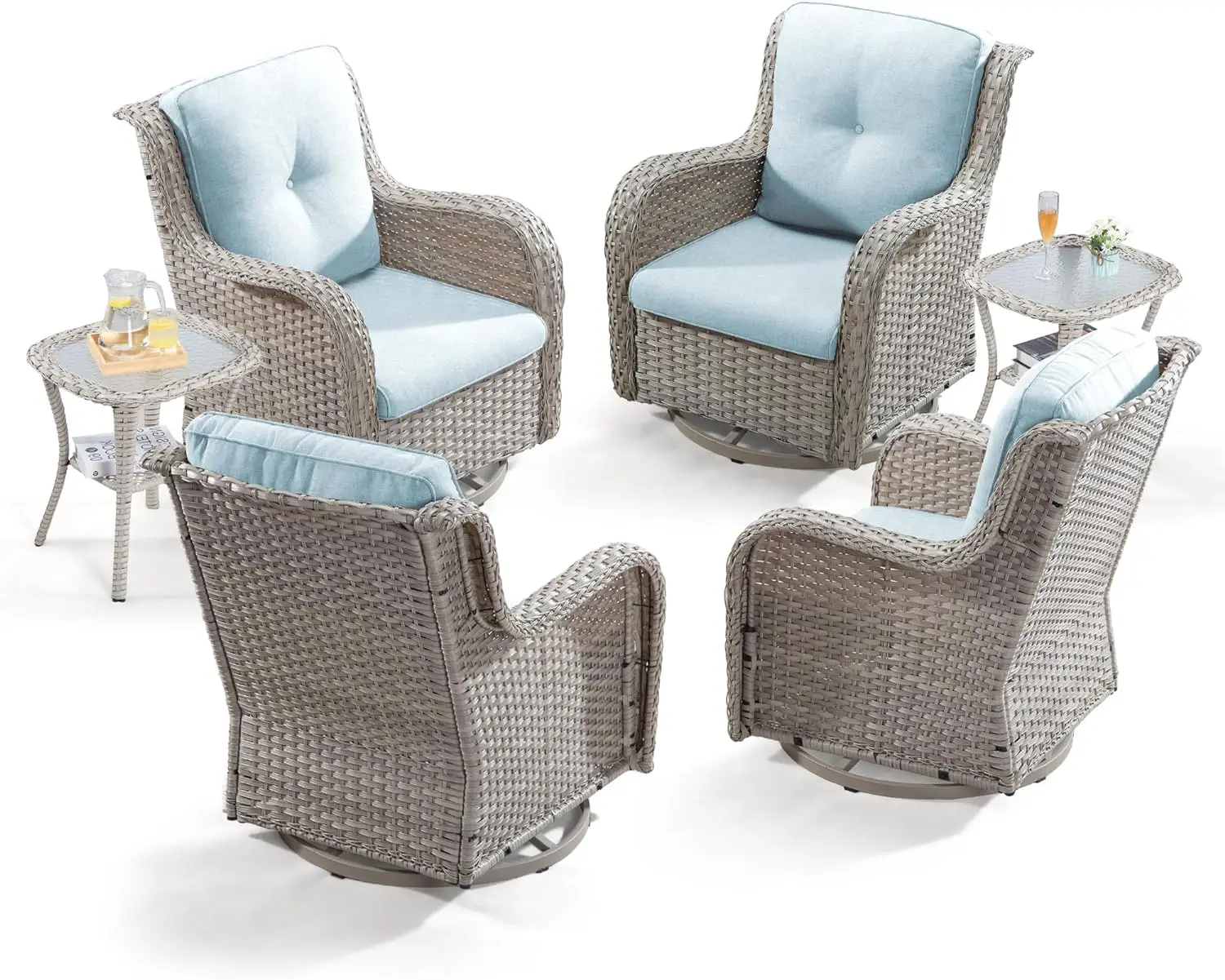 

Outdoor Swivel Rocker Wicker Chairs Set of 6, 4PCS Rattan Swivel Rocking Chair with 2 Side Tables