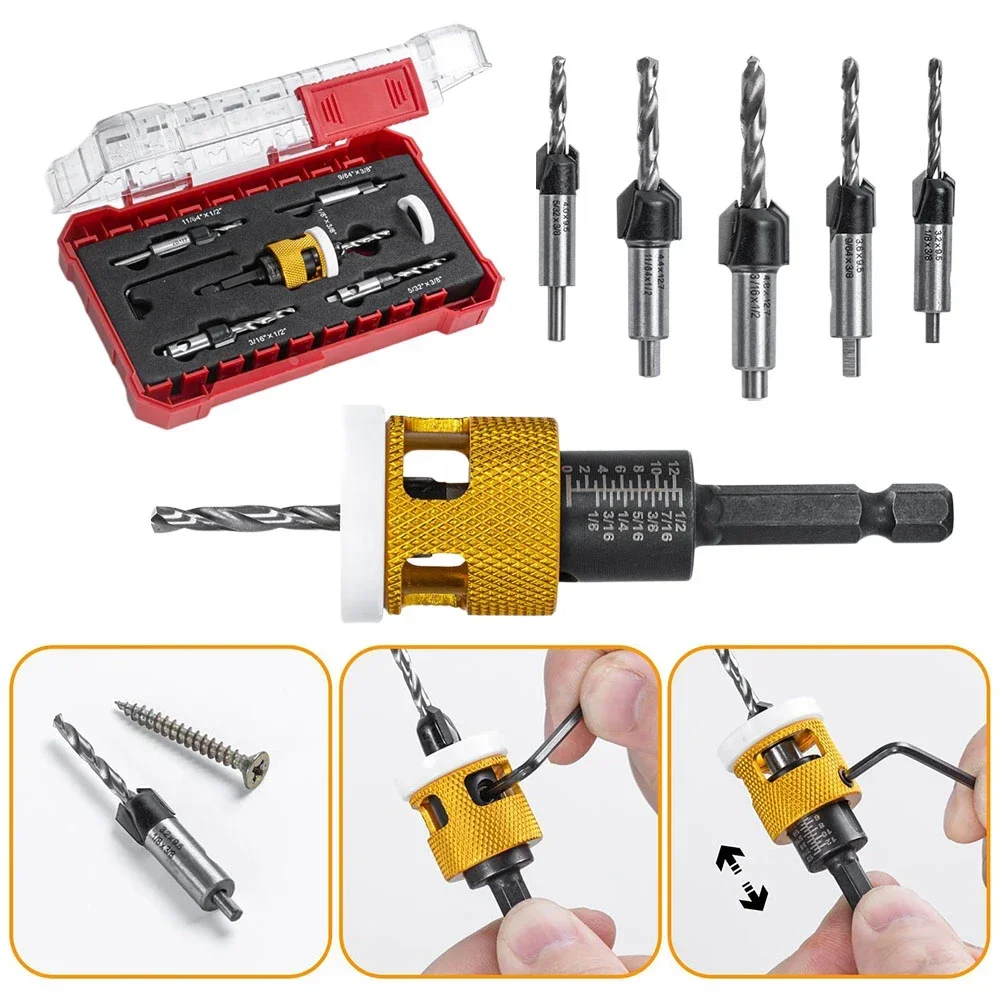 

For Plastic Boards 5-Piece Drill Set Adjustable Depth Stop DIY Projects 1 8 X3 8 Easy To Carry MDF And Plywood
