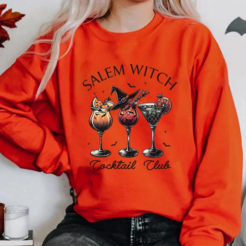 

New Halloween Salem Witch Cocktail Club Print Pullover Women Fashion Sports Hoodeless Sweatshirt Ladies Pure Color Oversize Tops