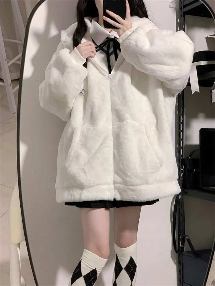 سترات قطيفة بقلنسوة للنساء من Ulzzang Sweet الطلاب معطف دافئ فضفاض بسحّاب معطف رقيق مترهل موضة شارع العليا شتاء ناعم شبابي