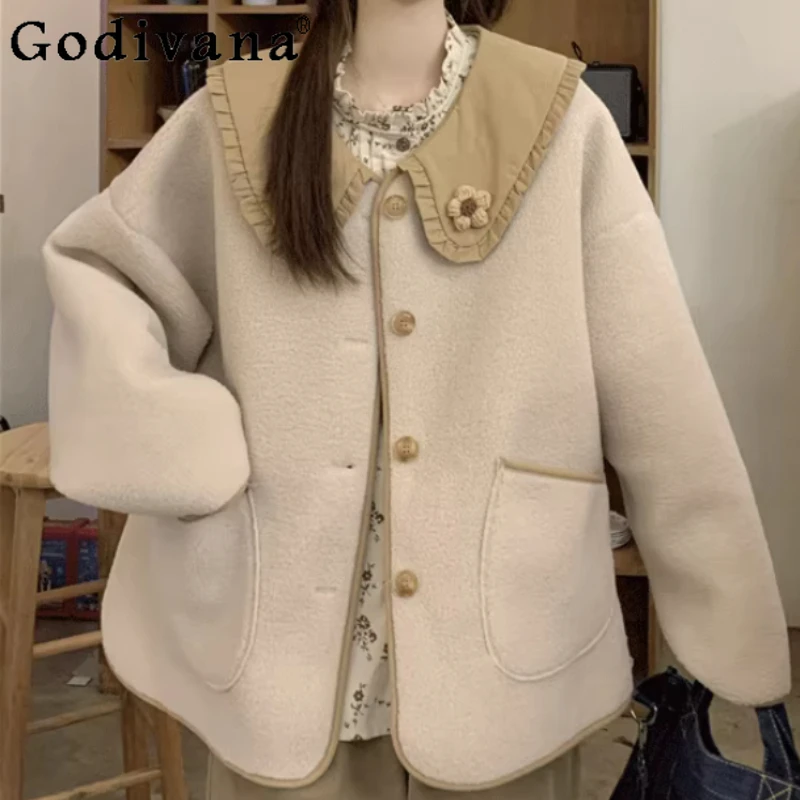 حجم كبير النساء الشتاء الكورية فضفاضة الحلو بيتر بان طوق الحد من العمر امبسوول سترة موضة تنوعا سترات بأكمام طويلة