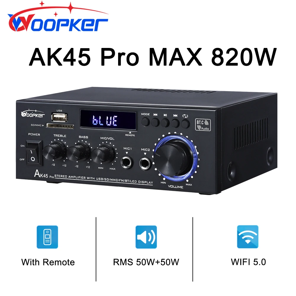 

Woopker Audio Amplifier AK45/AK45 Pro Max 820W HiFi Digital Stereo Channel2.0 Bluetooth Amplifier Receiver for Home Room Karaoke