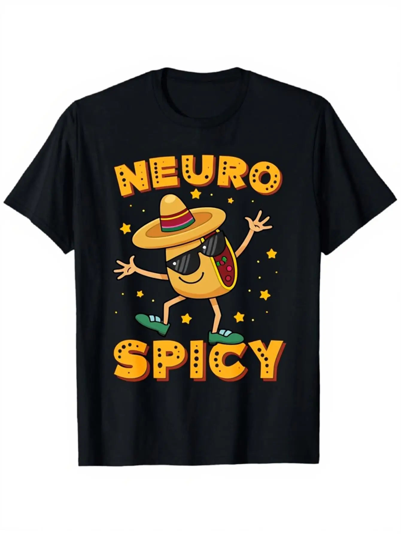 Funny Men's Black Graphic T-Shirt Neuro Spicy Dancing Taco Sombrero Sunglasses Star Cartoon Bold Letter Print 100% Cotton Heavyweight Short Sleeve Casual Streetwear Tee