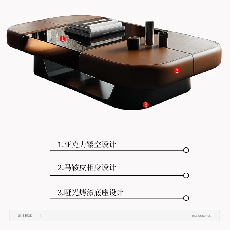 

Medieval style coffee table living room household hollow rectangular high-end small apartment saddle leather coffee table