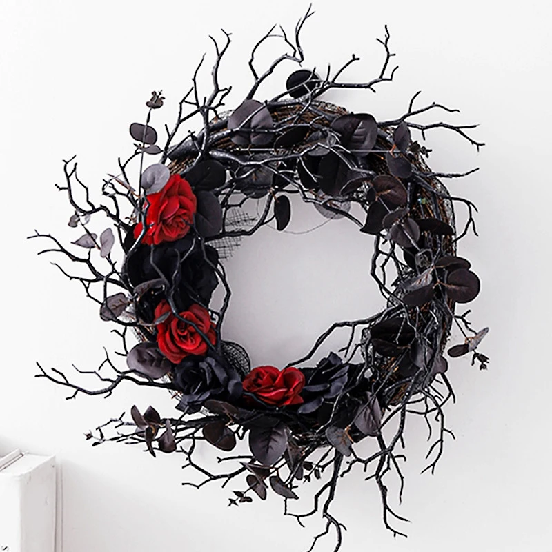 Black Halloween Door-Wreath With Red Rose Wreath For Front Door Black Wreath For Gothic Halloween Home Decor Easy Install